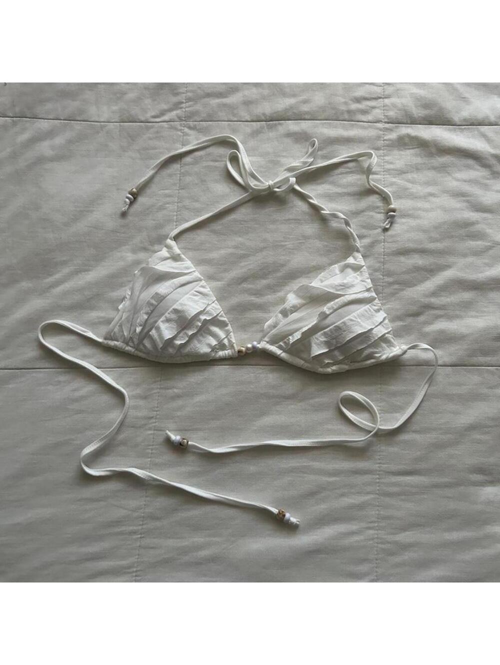 White ruffle bikini top with pearl details